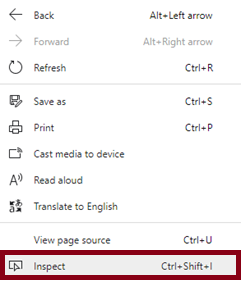 screenshot of browser right-click menu with inspect focused on to use dev tools to test for accessibility