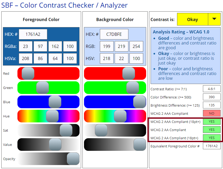 SBF Color Contrast Checker showing colors pass WCAG 2