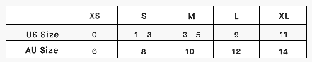 screenshot of product size table