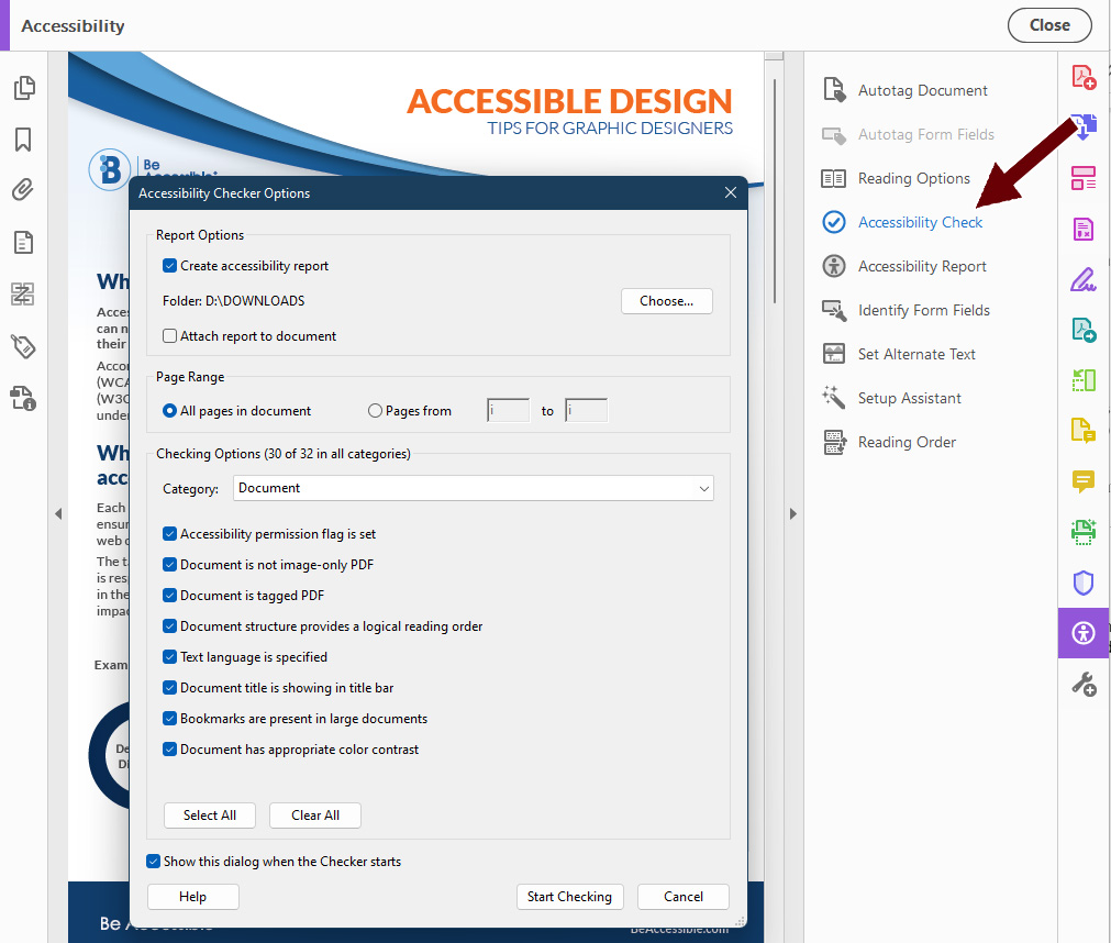 PDF accessibility check tool link in Adobe Acrobat Pro