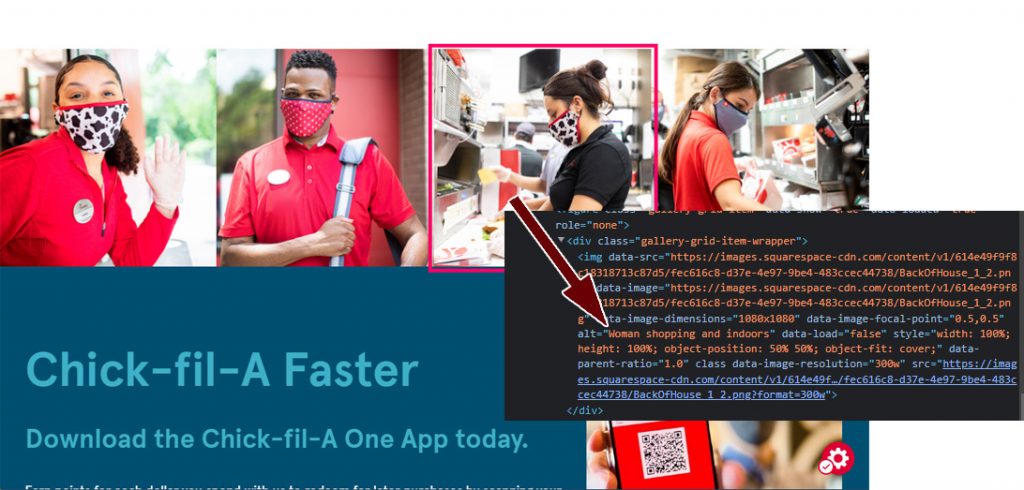 screenshot of Chick-fil-A image with inaccurate alt text