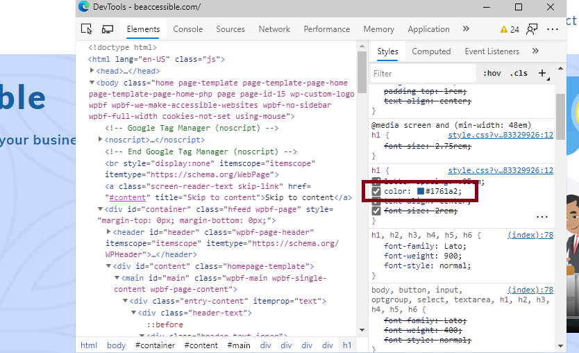 website devtools showing color