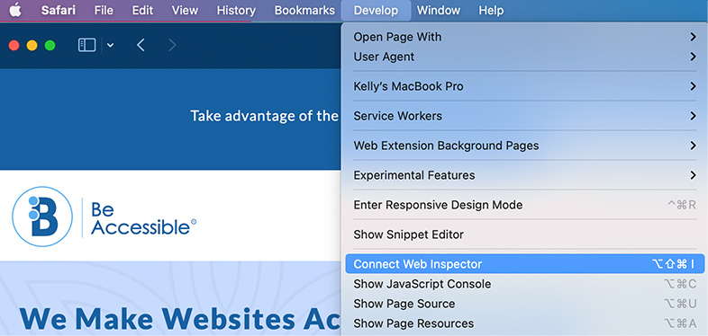 Safari menu with developer selected and Connect Web Inspector highlighted