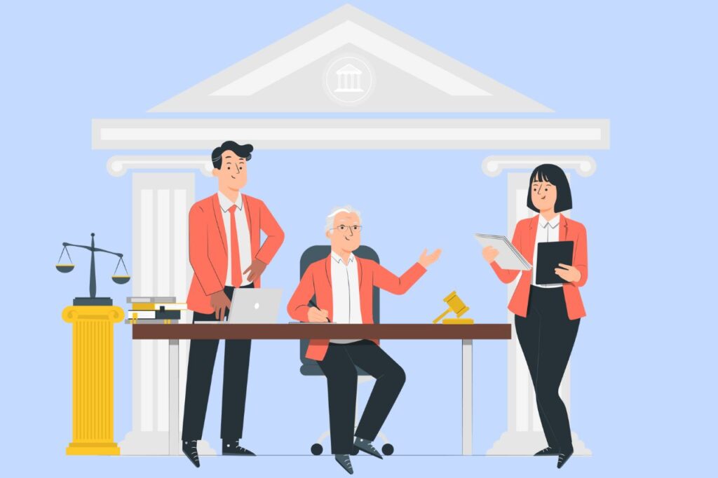 animated woman and two men discussing lawsuit