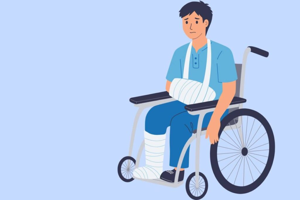 animated man in wheelchair with broken arm and leg