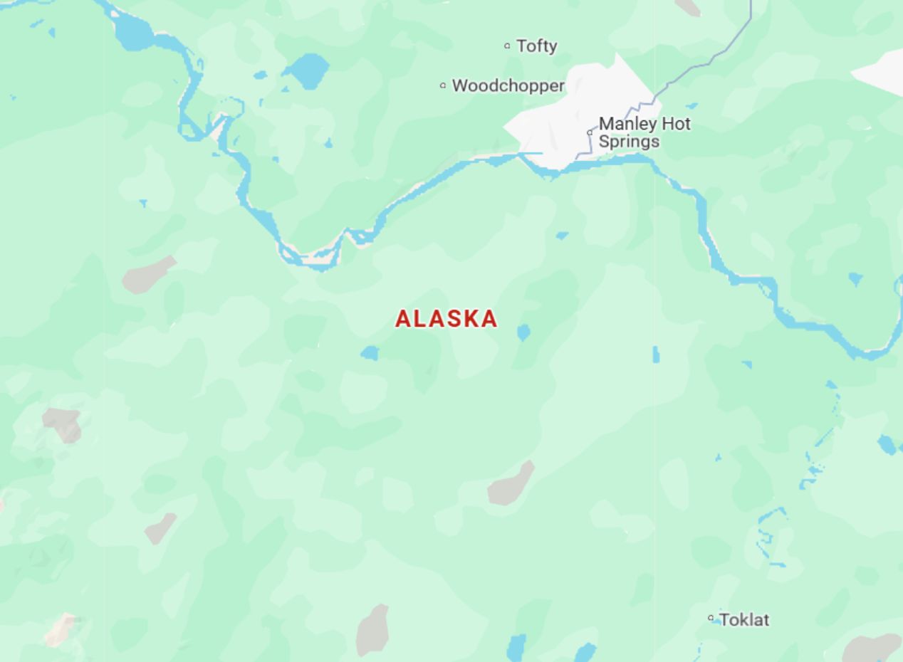 Partial Alaska state map showing Manley Hot Springs, Tofty, Woodchopper, and Toklat, surrounded by rivers and remote forested areas