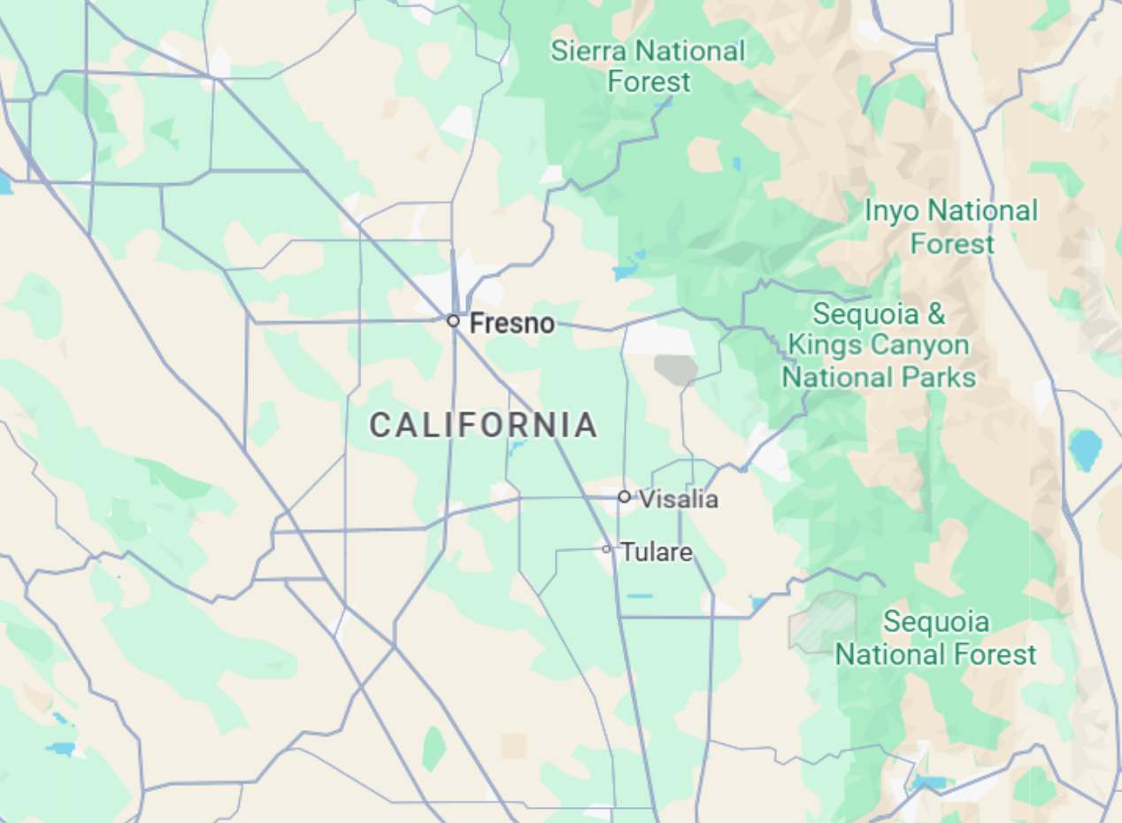 California Partial map of California showing Fresno, Visalia, Tulare, Sierra National Forest, Inyo National Forest, and Sequoia & Kings Canyon National Parks