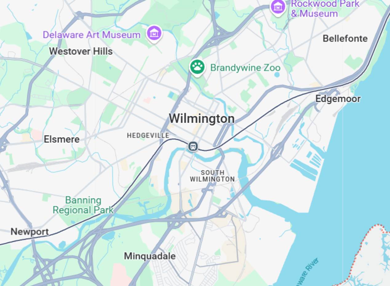 Delaware Partial Delaware state map showing Wilmington, Elsmere, Newport, Minquadale, Bellefonte, Edgemoor, Westover Hills, and Brandywine Zoo