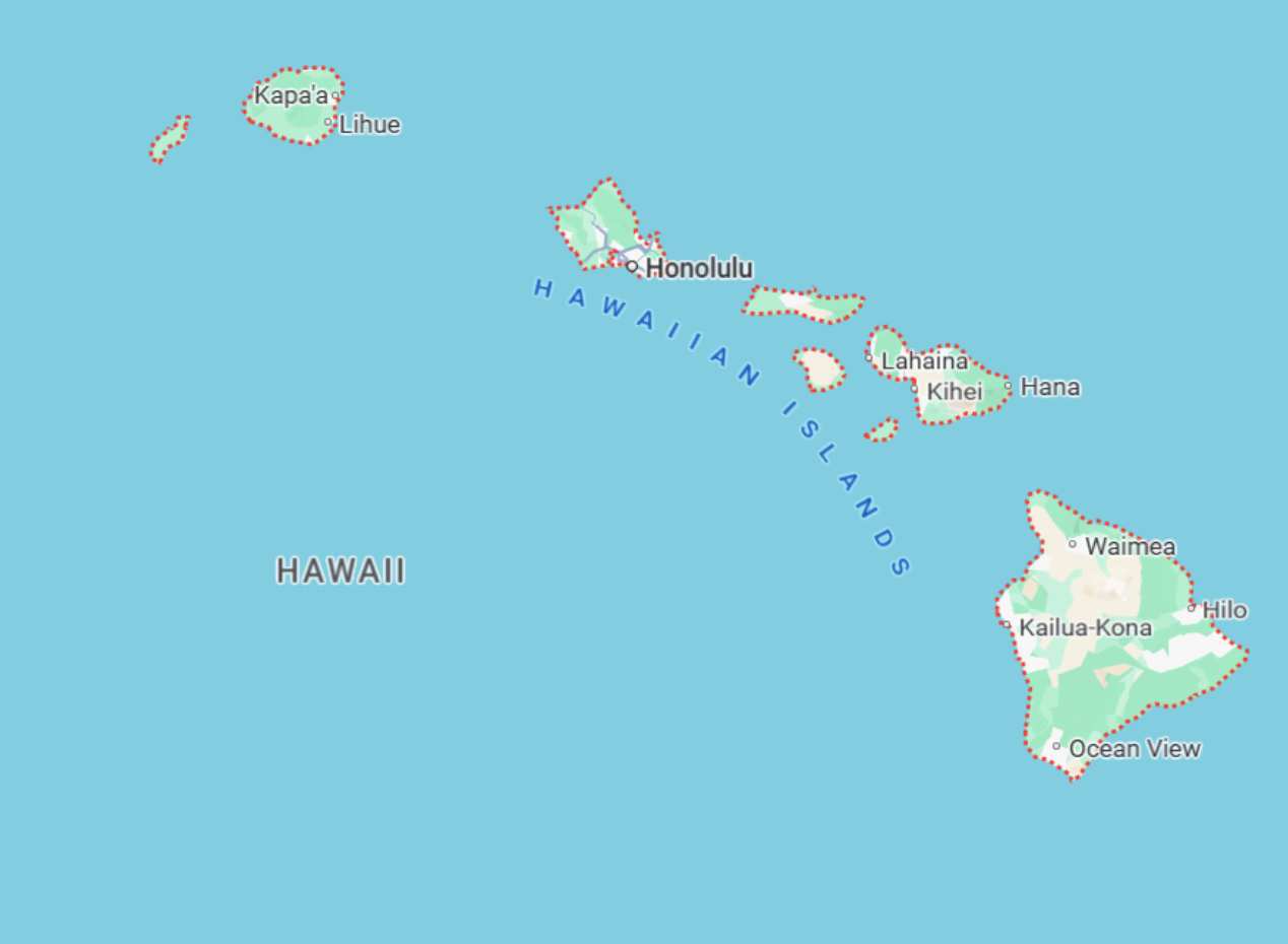 Hawaii Map of the Hawaiian Islands showing major locations including Honolulu, Lihue, Kapa‘a, Lahaina, Kihei, Hana, Waimea, Kailua-Kona, Hilo, and Ocean View