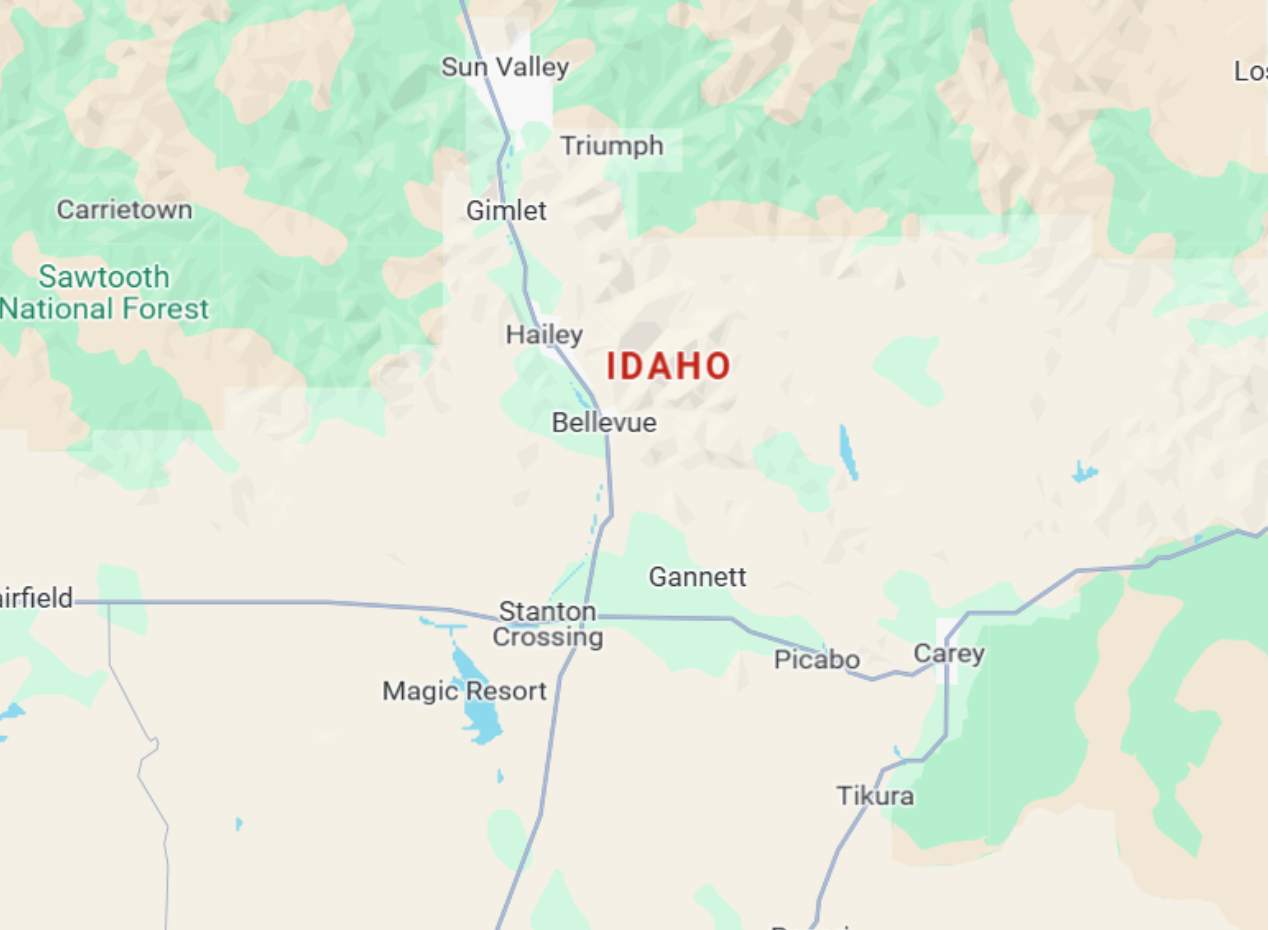 Idaho Partial Idaho state map showing Sun Valley, Hailey, Bellevue, Carey, Picabo, Gannett, Triumph, Gimlet, Stanton Crossing, and Magic Resort
