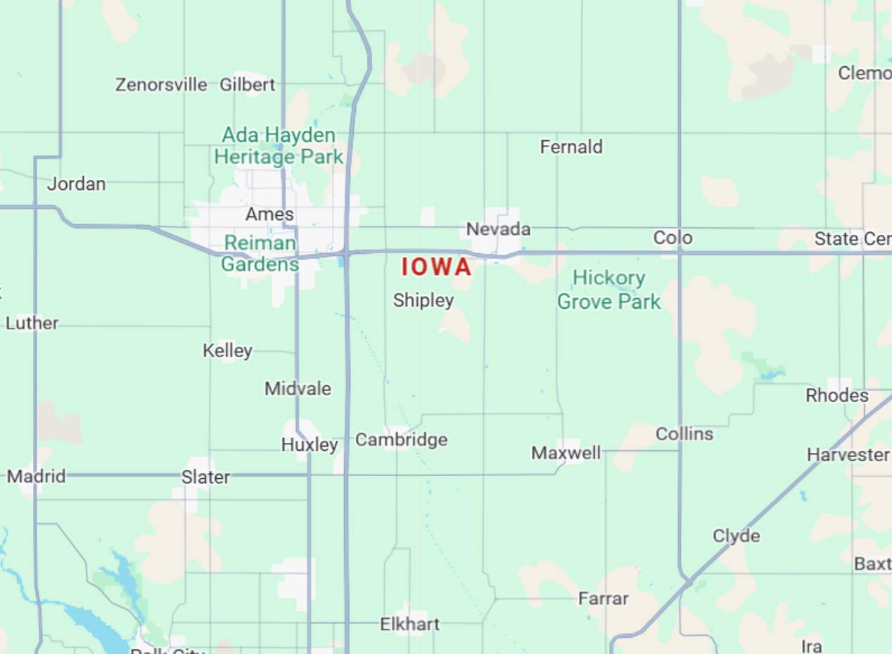 Iowa Partial Iowa state map showing Ames, Nevada, Shipley, Huxley, Cambridge, Maxwell, Collins, Colo, State Center, and Reiman Gardens