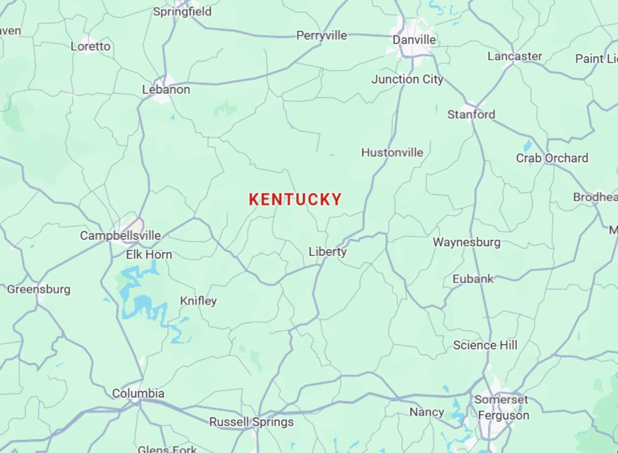 Kentucky Partial Kentucky state map showing Liberty, Danville, Campbellsville, Columbia, Stanford, Waynesburg, Eubank, Somerset, and Greensburg