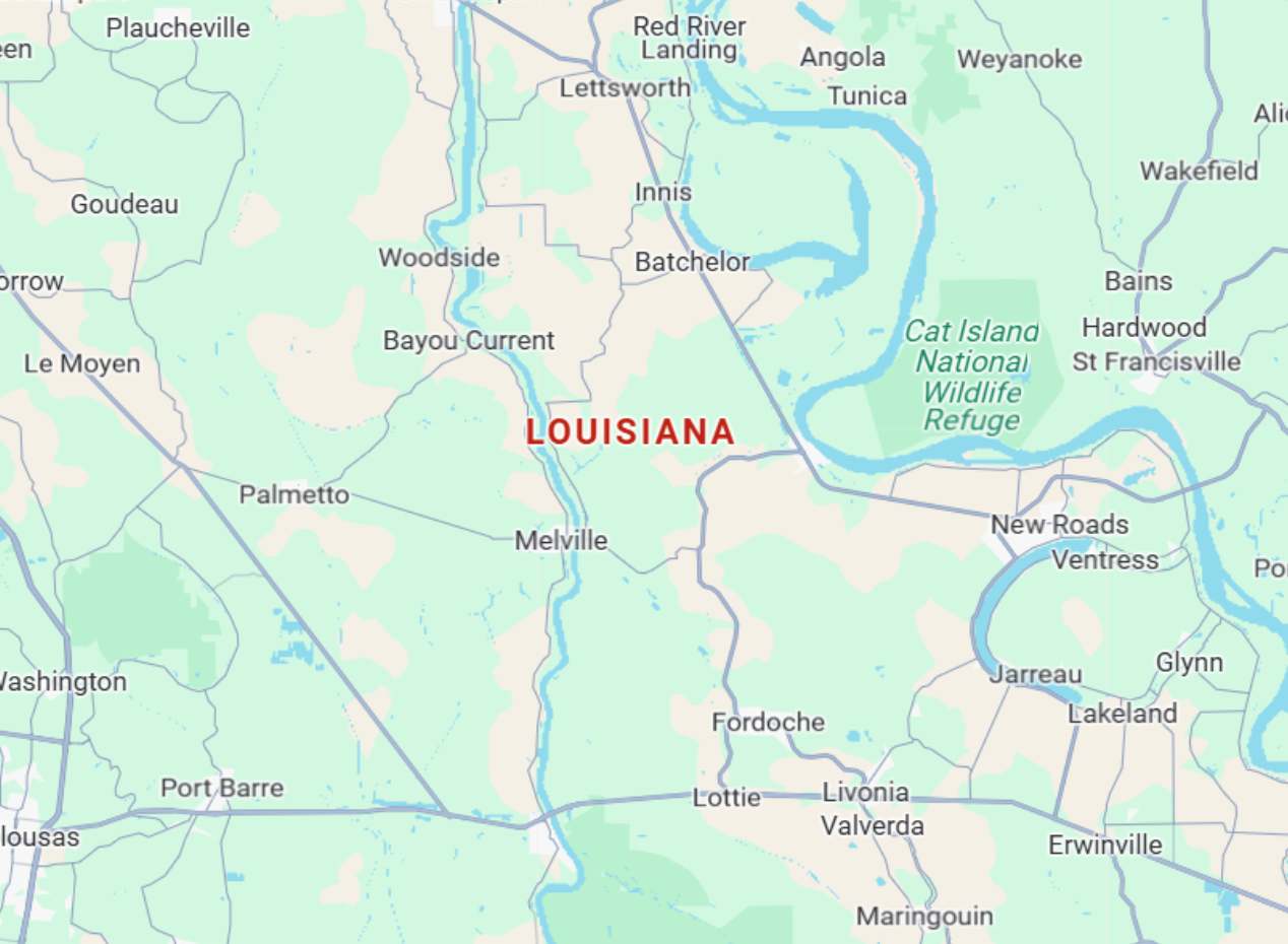Partial Louisiana state map showing Melville, Lettsworth, Innis, Batchelor, New Roads, Ventress, Livonia, Fordoche, and Tunica