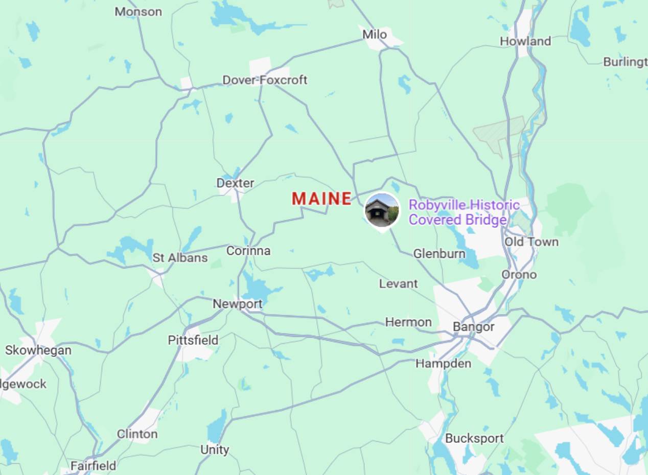 Partial Maine state map showing Bangor, Old Town, Dexter, Newport, Pittsfield, Skowhegan, and Robyville Historic Covered Bridge