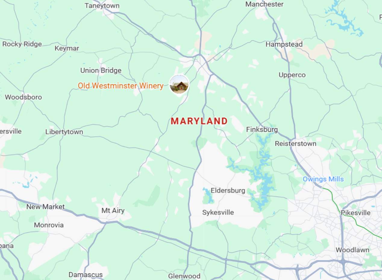 Partial Maryland state map showing Westminster, Eldersburg, Reisterstown, Mount Airy, Sykesville, Union Bridge, and Old Westminster Winery