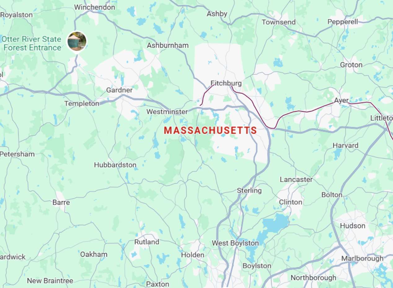 Partial Massachusetts state map showing Fitchburg, Gardner, Clinton, Lancaster, Sterling, Barre, Ayer, Hudson, and Otter River State Forest