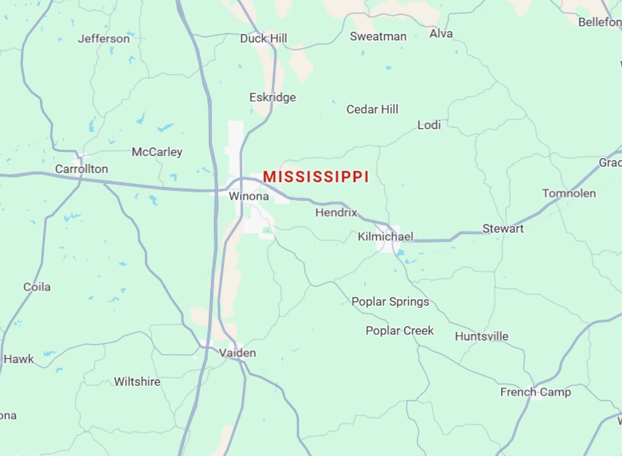 Mississippi Map of central Mississippi showing Winona, Vaiden, Carrollton, Poplar Creek, Kilmichael, Stewart, and French Camp