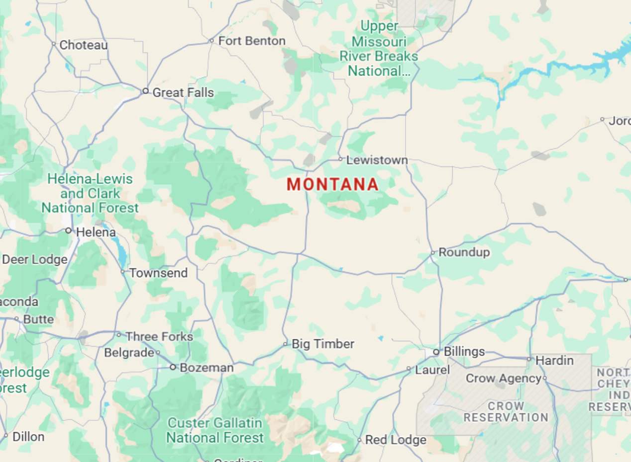 Map of central Montana showing Bozeman, Billings, Helena, Great Falls, Lewistown, Red Lodge, and Custer Gallatin National Forest