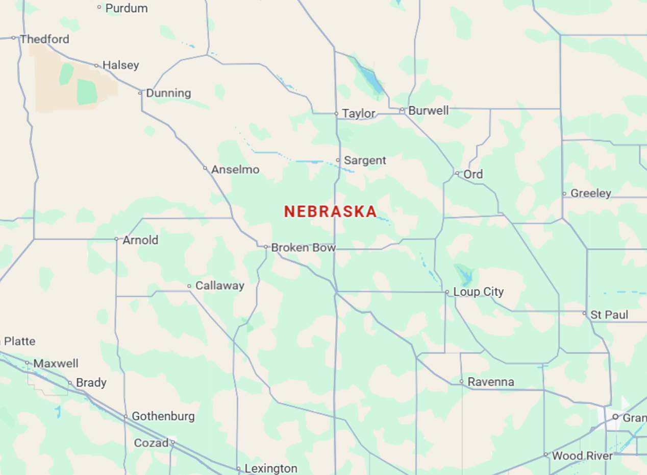 Nebraska Map of central Nebraska highlighting Broken Bow, Anselmo, Arnold, Cozad, Lexington, Ord, Sargent, and surrounding towns
