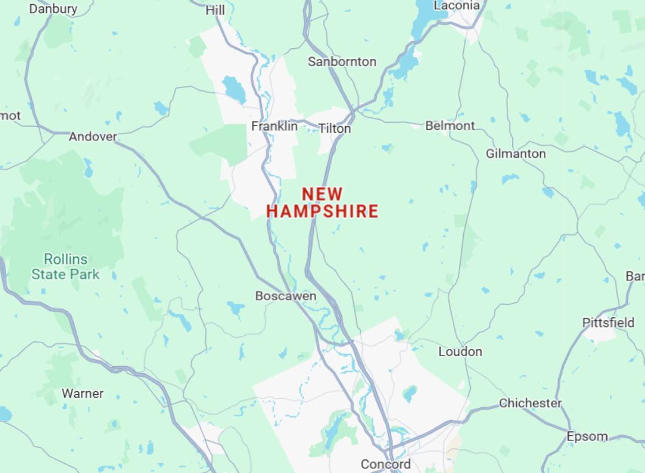 New Hampshire Map of New Hampshire showing Concord, Franklin, Tilton, Belmont, Gilmanton, Pittsfield, Rollins State Park, Boscawen, and Loudon