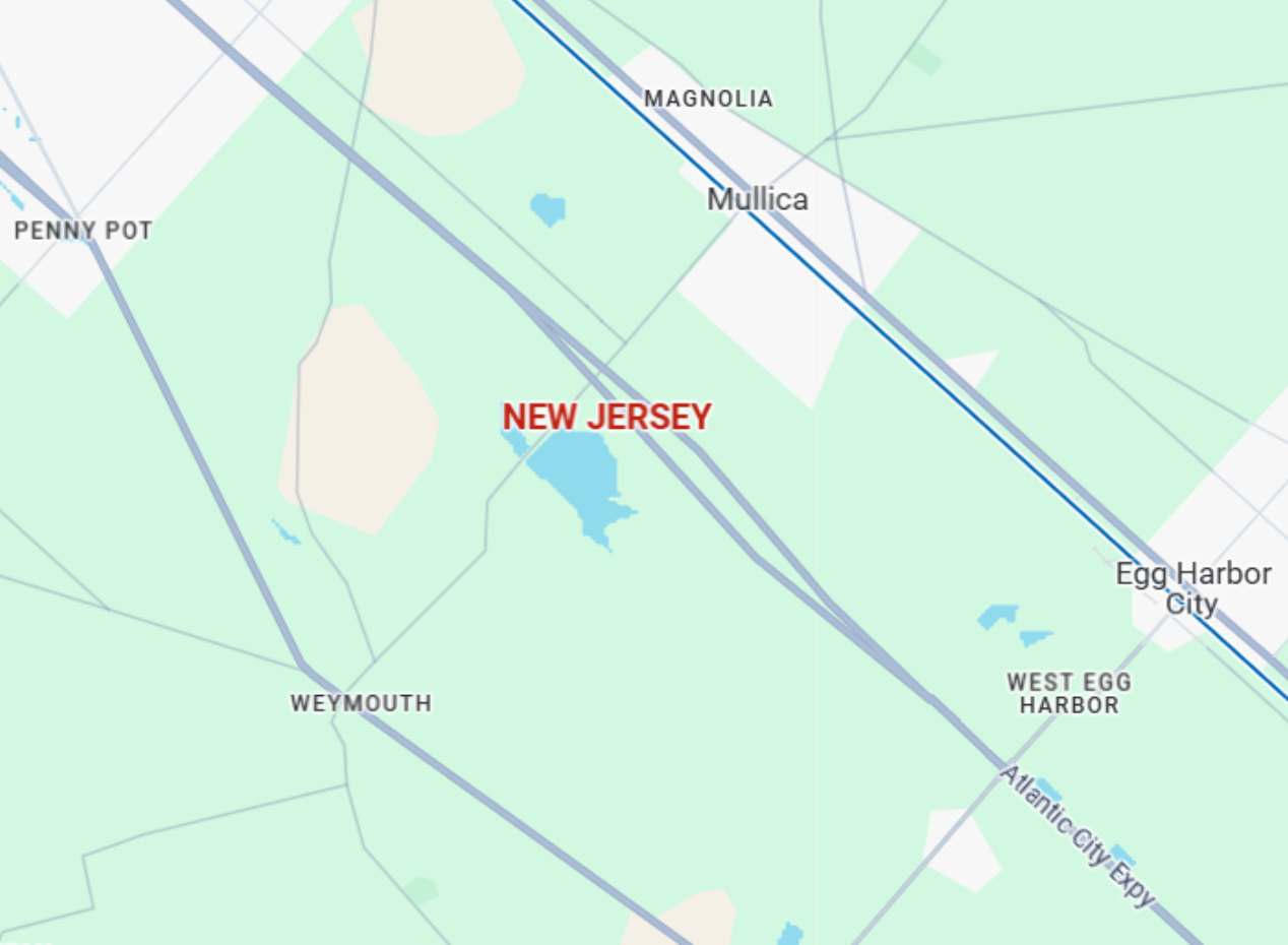 New Jersey Map of southern New Jersey showing Weymouth, Mullica, Magnolia, Egg Harbor City, West Egg Harbor, and the Atlantic City Expressway