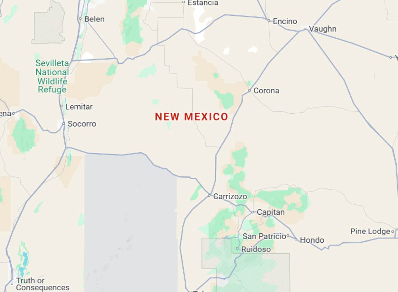 Partial map of New Mexico showing Socorro, Lemitar, Corona, Carrizozo, Capitan, Ruidoso, Vaughn, Encino, and Truth or Consequences