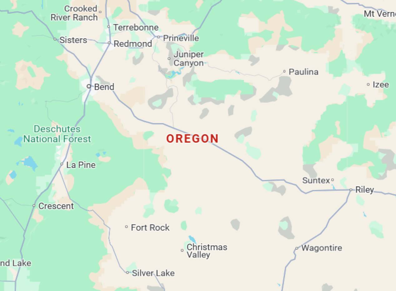 Partial map of Oregon showing Bend, Redmond, Prineville, La Pine, Sisters, Riley, Paulina, Silver Lake, Deschutes National Forest, and more