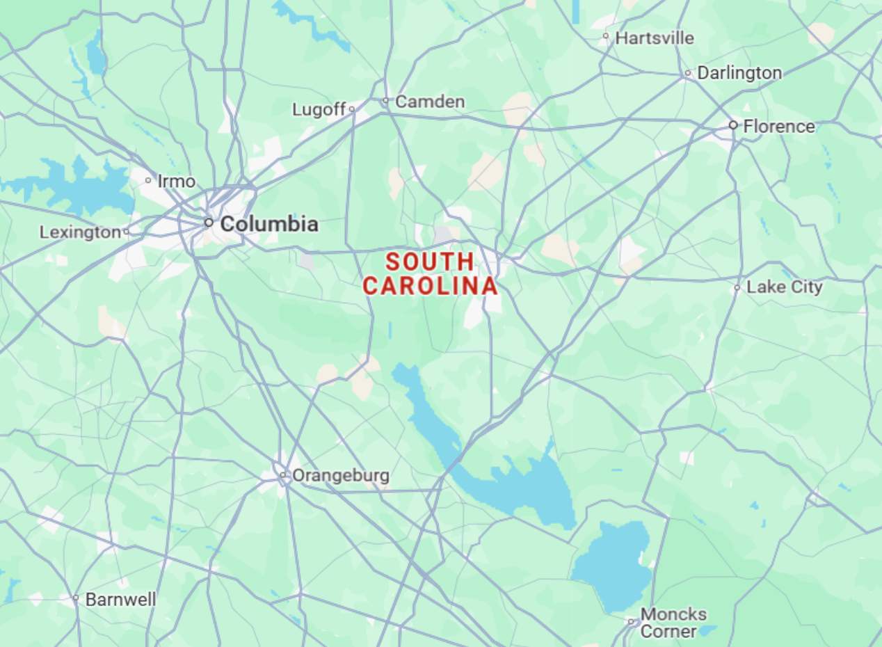 South Carolina Partial map of South Carolina showing Columbia, Lexington, Florence, Lake City, Camden, Moncks Corner, Orangeburg, and Barnwell