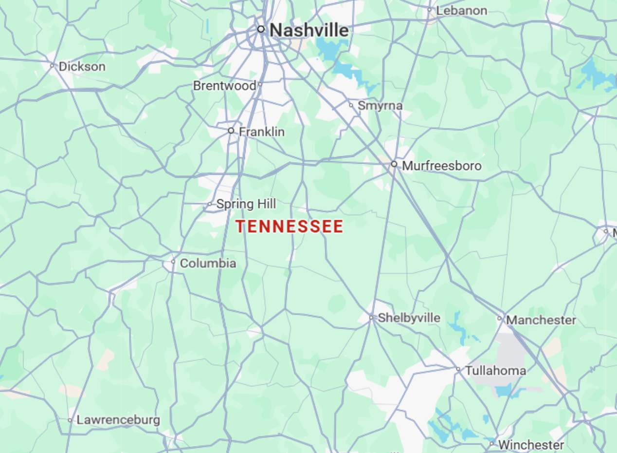 Tennessee Partial map of Tennessee showing Nashville, Columbia, Murfreesboro, Franklin, Shelbyville, Manchester, Tullahoma, and Spring Hill