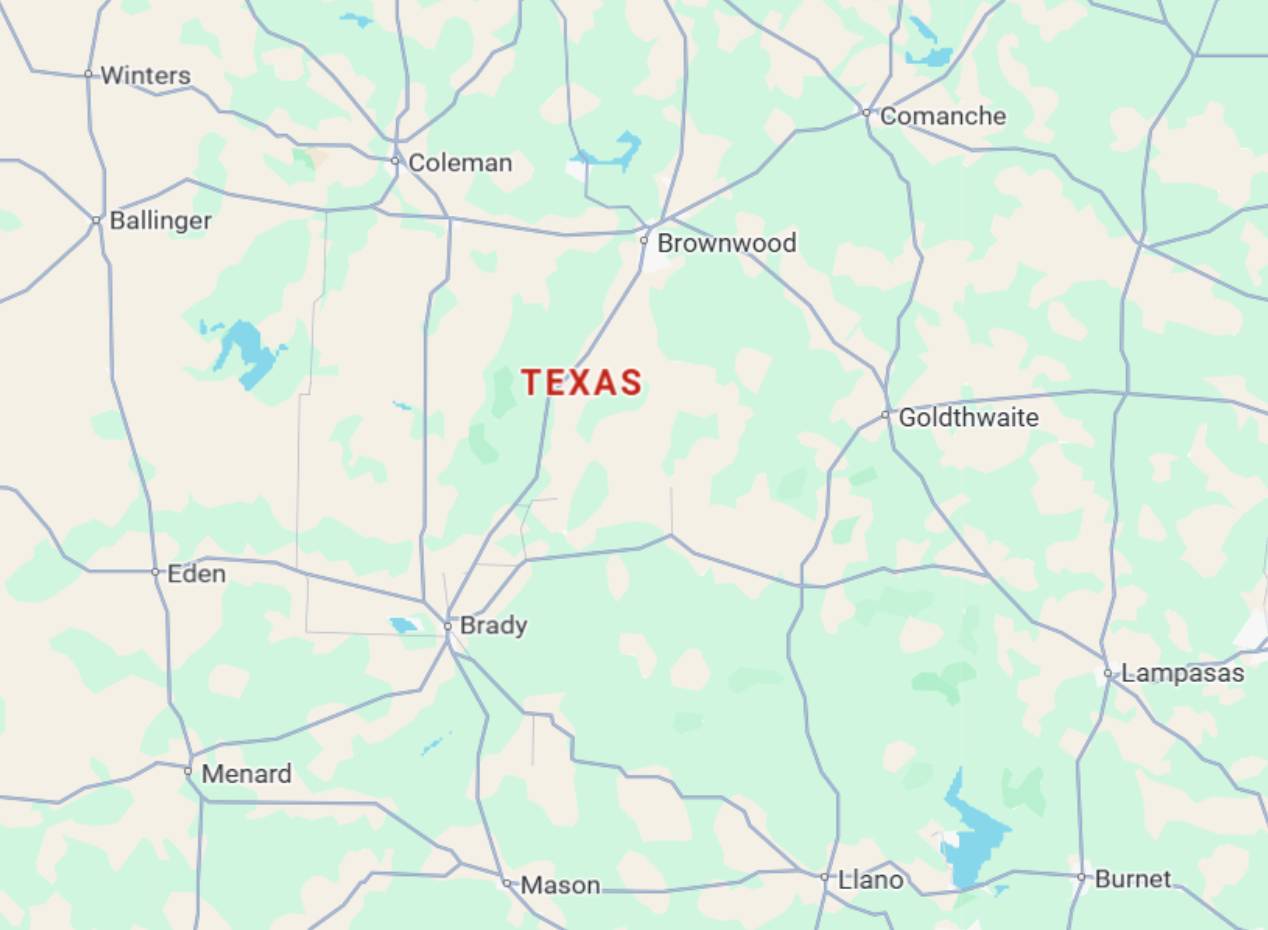 Partial map of Texas showing towns including Brady, Brownwood, Coleman, Comanche, Goldthwaite, Lampasas, Llano, and surrounding areas