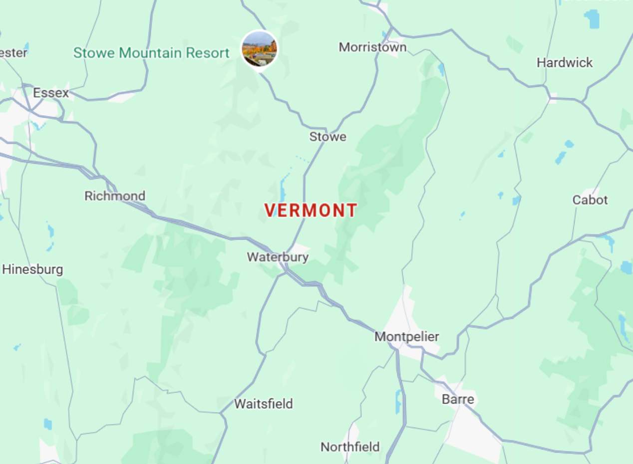 Partial map of Vermont showing Montpelier, Barre, Waterbury, Stowe, Morristown, Richmond, Waitsfield, Northfield, Cabot, Hardwick, and Essex