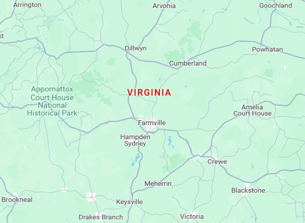 Partial Virginia state map showing Farmville, Amelia Court House, Blackstone, Appomattox Court House National Historical Park, and Dillwyn