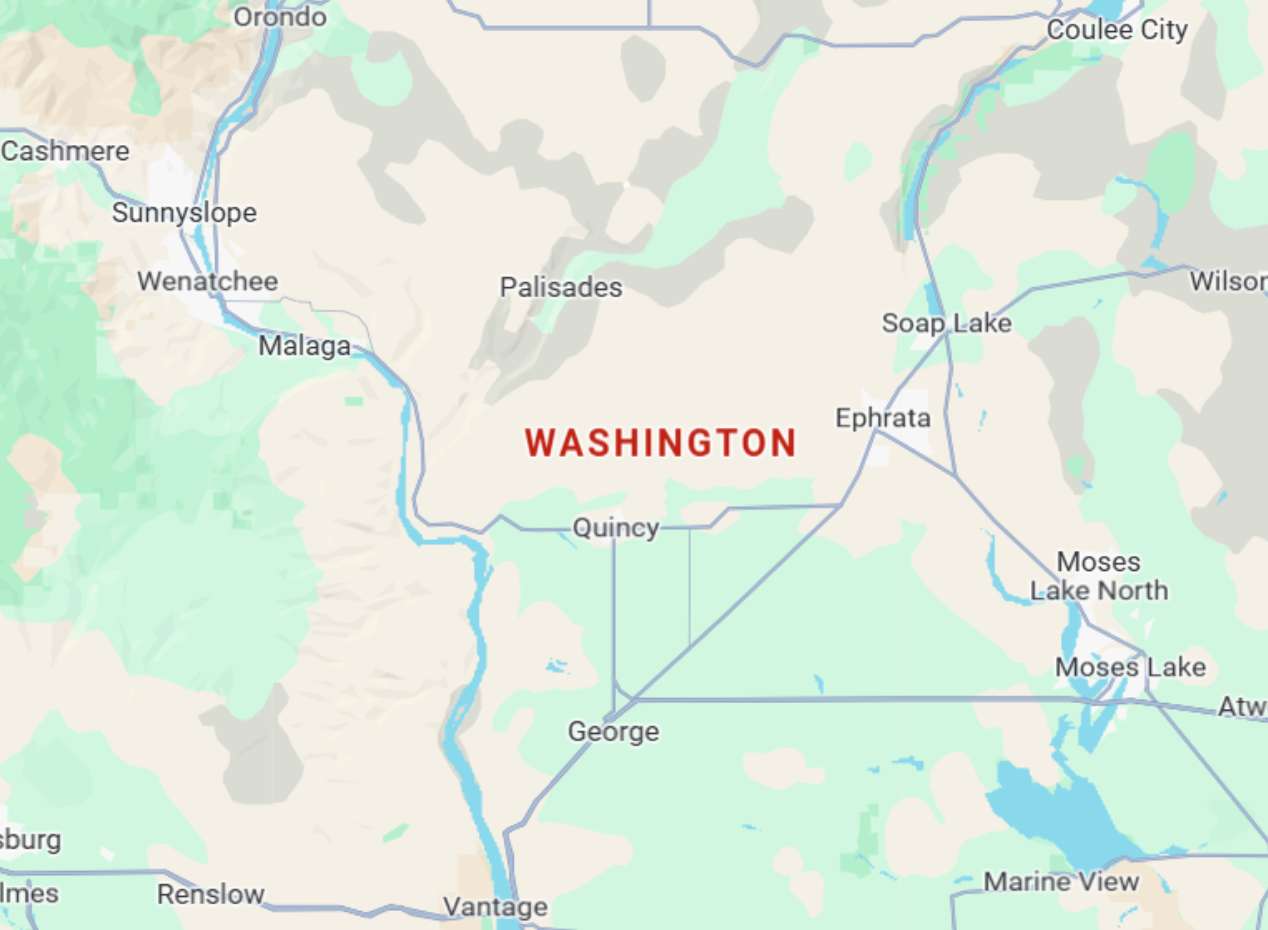 Partial map of Washington showing towns including Wenatchee, Quincy, Ephrata, Moses Lake, Soap Lake, George, and surrounding areas