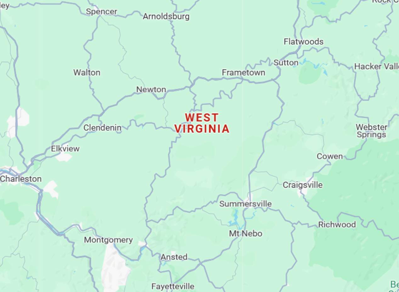 Partial map of West Virginia showing cities including Charleston, Elkview, Clendenin, Newton, Sutton, Summersville, Craigsville, and Fayetteville