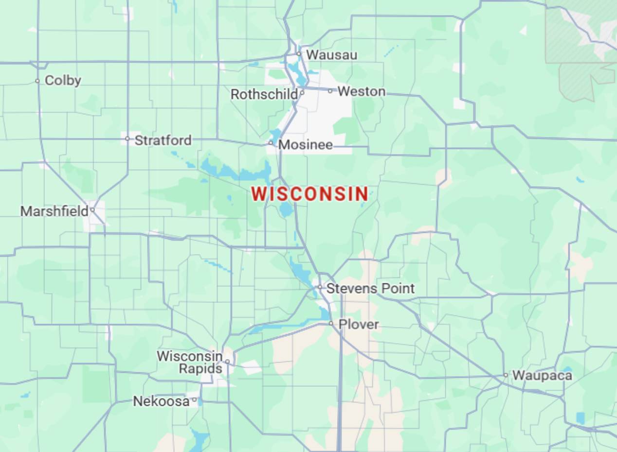 Wisconsin Partial map of Wisconsin showing cities like Wausau, Mosinee, Stevens Point, Wisconsin Rapids, Marshfield, Plover, and Waupaca