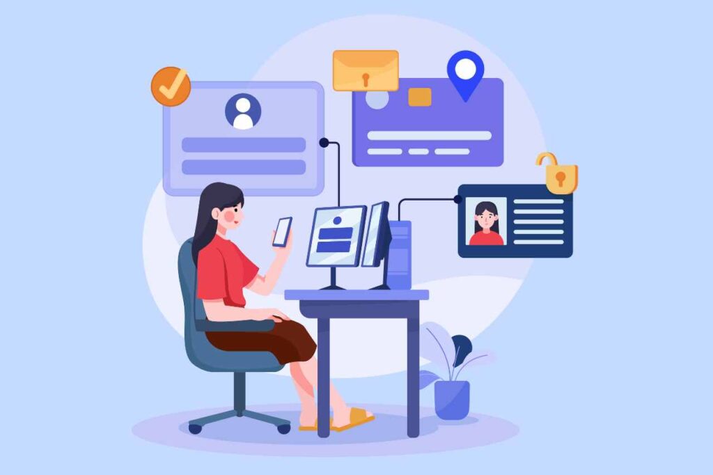 woman using phone and computer with personal data and security symbols