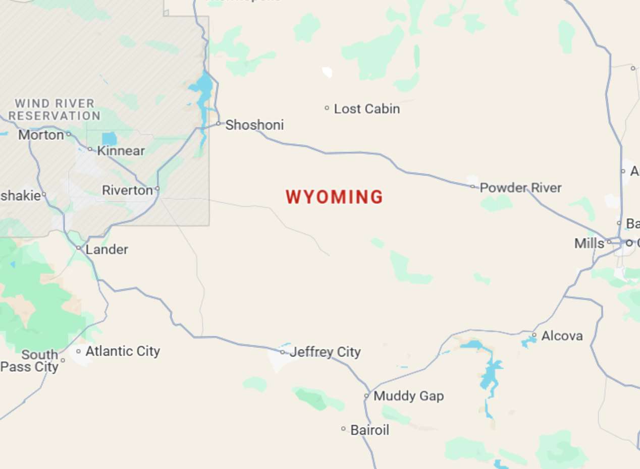 Partial map of Wyoming showing locations like Riverton, Lander, Shoshoni, Powder River, Jeffrey City, Bairoil, and the Wind River Reservation