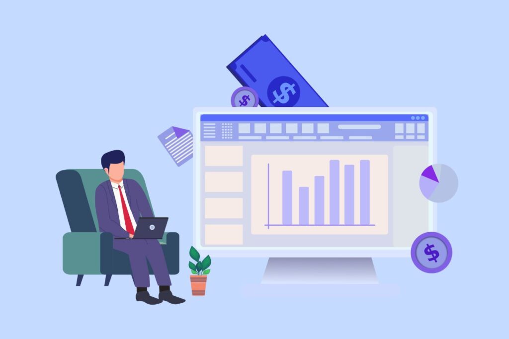 Business person analyzing financial charts on a screen with money icons