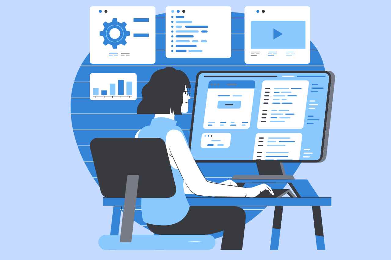 Illustration of a woman sitting at a desk using a computer, analyzing data and website interface elements displayed on multiple screens Illustration of a woman sitting at a desk using a computer, analyzing data and website interface elements displayed on multiple screens