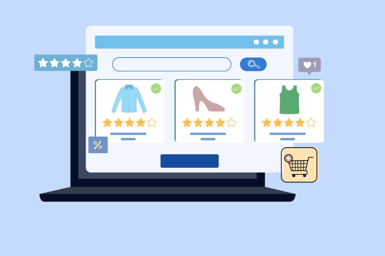 Illustration of an online shopping website on a laptop screen showing clothing items with ratings, reviews, and an add-to-cart icon
