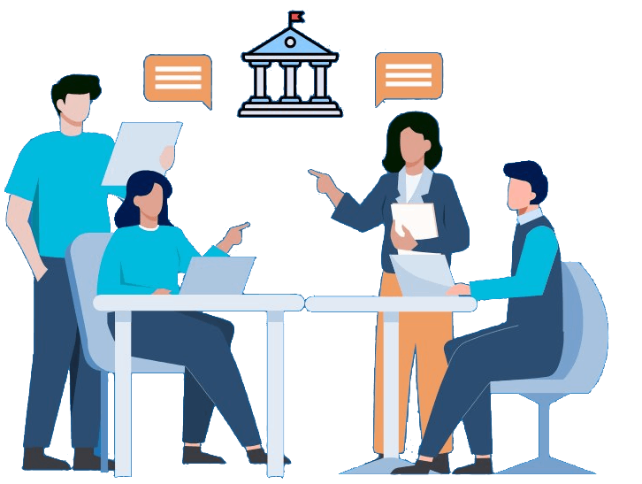 Team of four people having a discussion near a symbol of a government building Team of four people having a discussion near a symbol of a government building