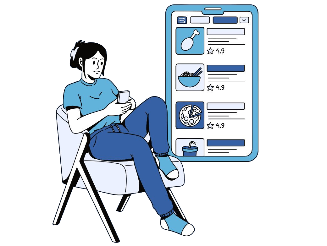 Woman sitting on chair using smartphone with large digital food menu on screen (1) Woman sitting on chair using smartphone with large digital food menu on screen