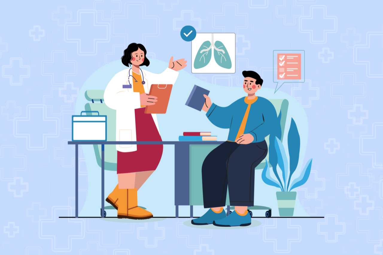 A doctor and patient discuss lung health during a check-up