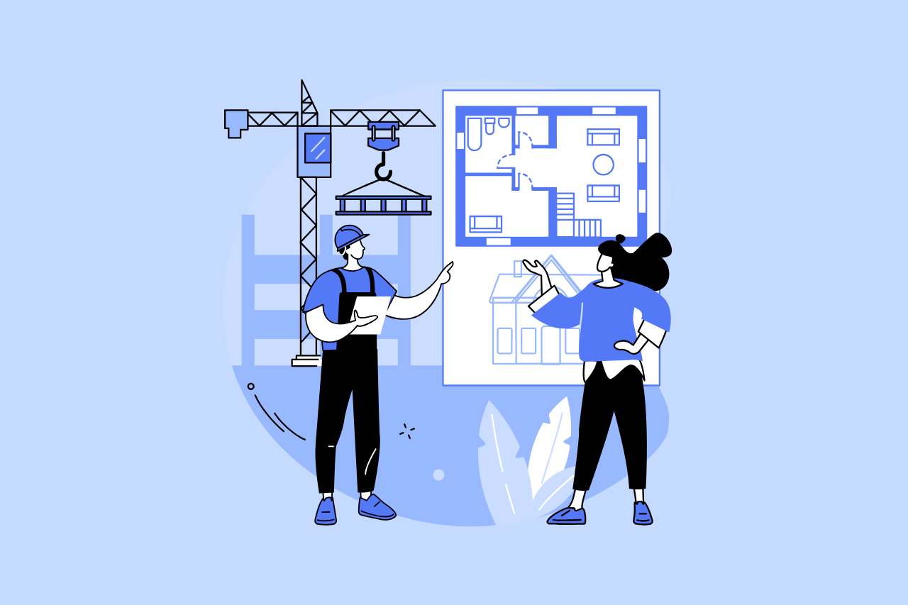 Architect and engineer reviewing house blueprint at construction site