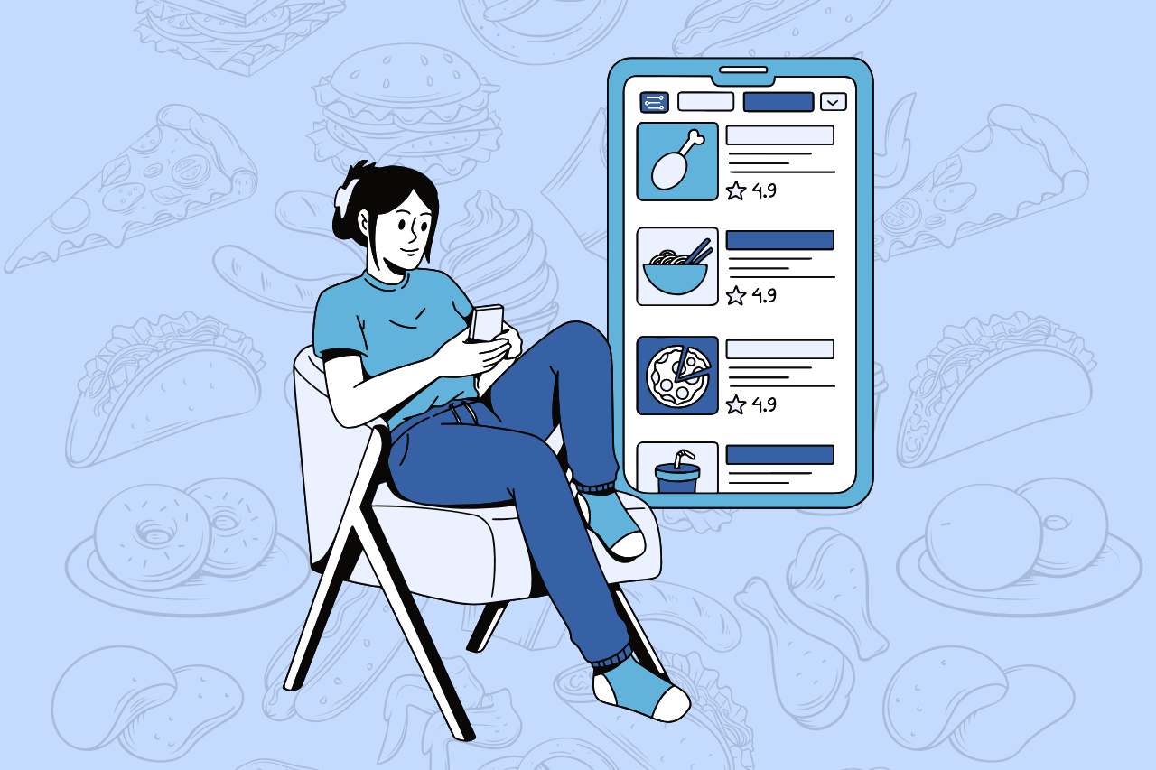 Woman sitting on chair using smartphone with large digital food menu on screen