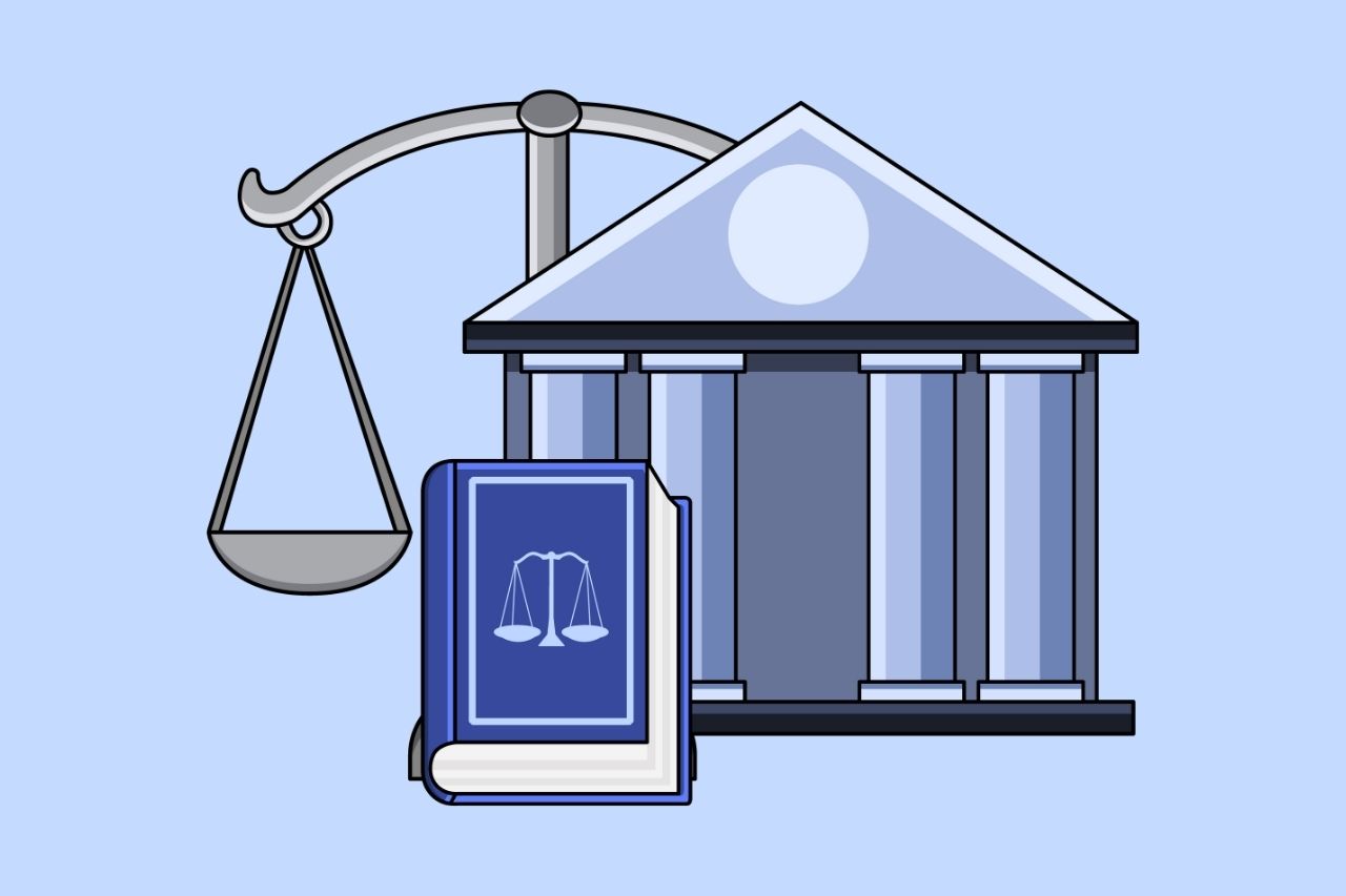 Scales of justice, law book, and courthouse symbolizing legal system.