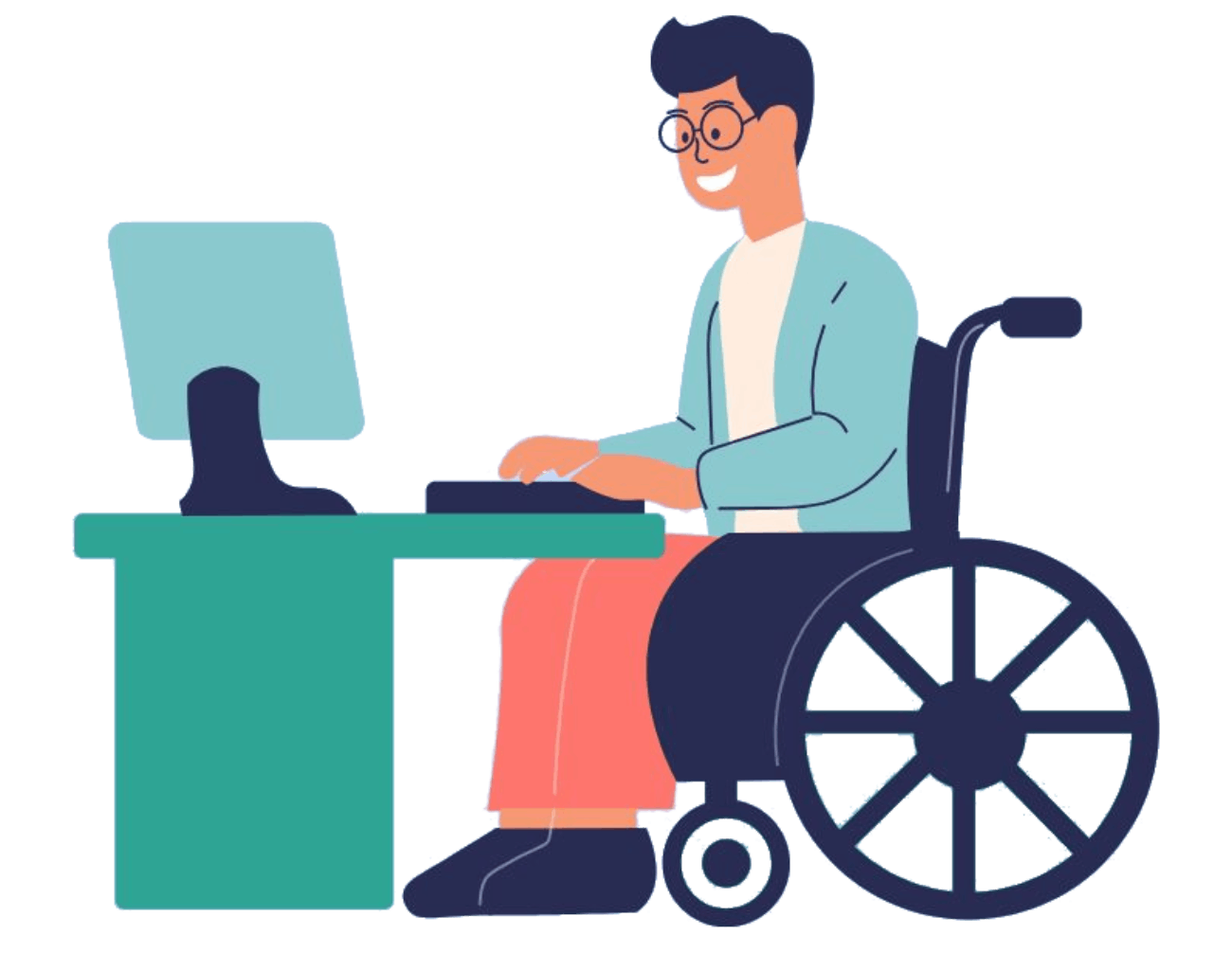 person in wheelchair near the computer (1) Person in a wheelchair working on a computer surrounded by books and stationery