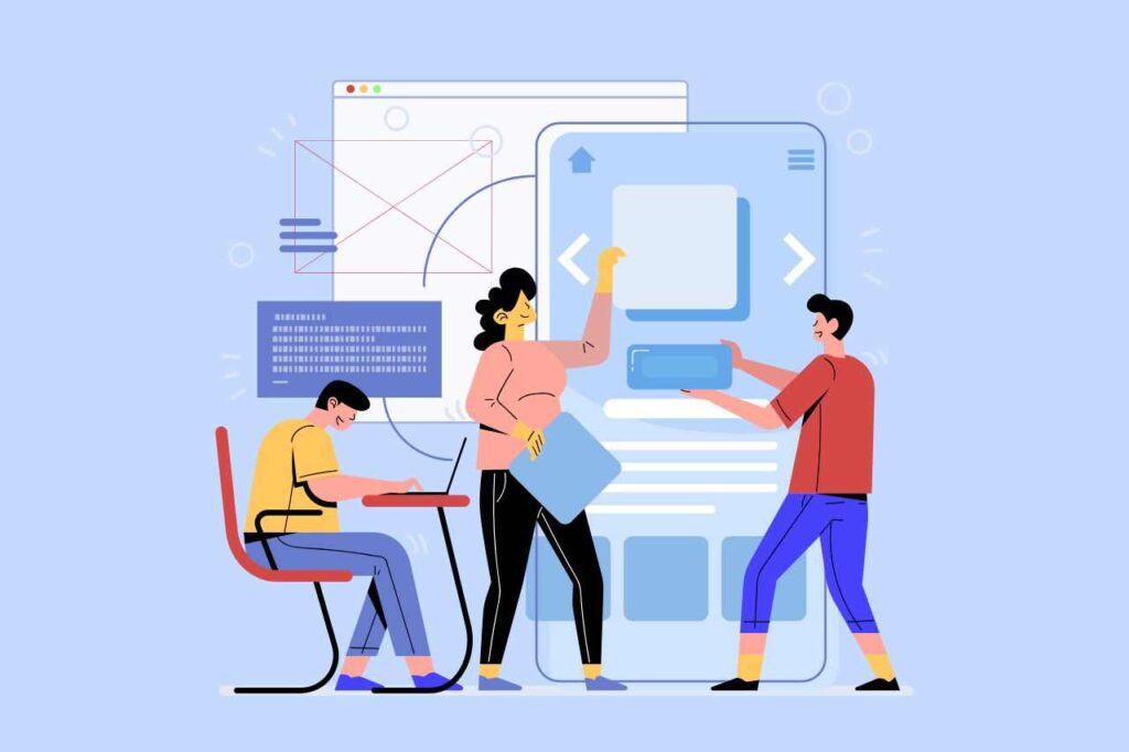 Team creating a user interface with developers arranging layout elements
