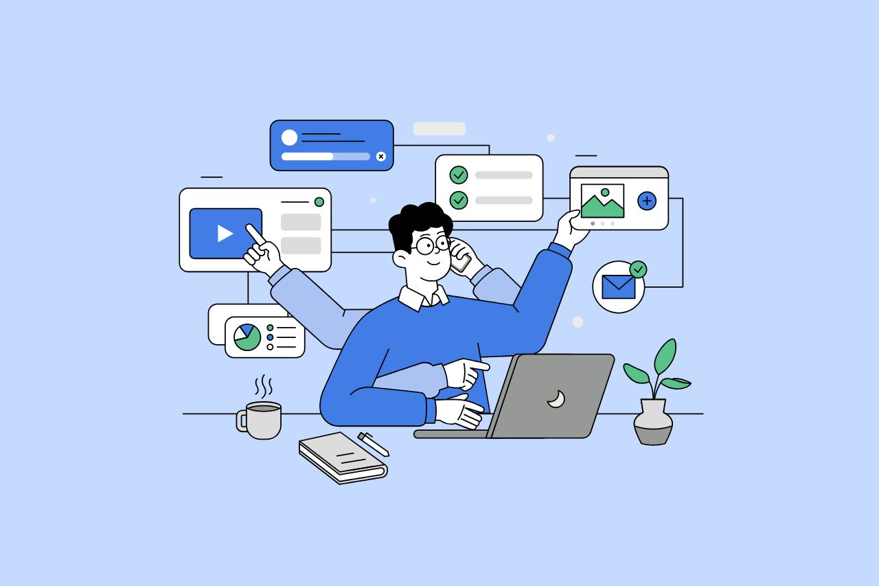 Illustration of a multitasking person working on a laptop with multiple screens.
