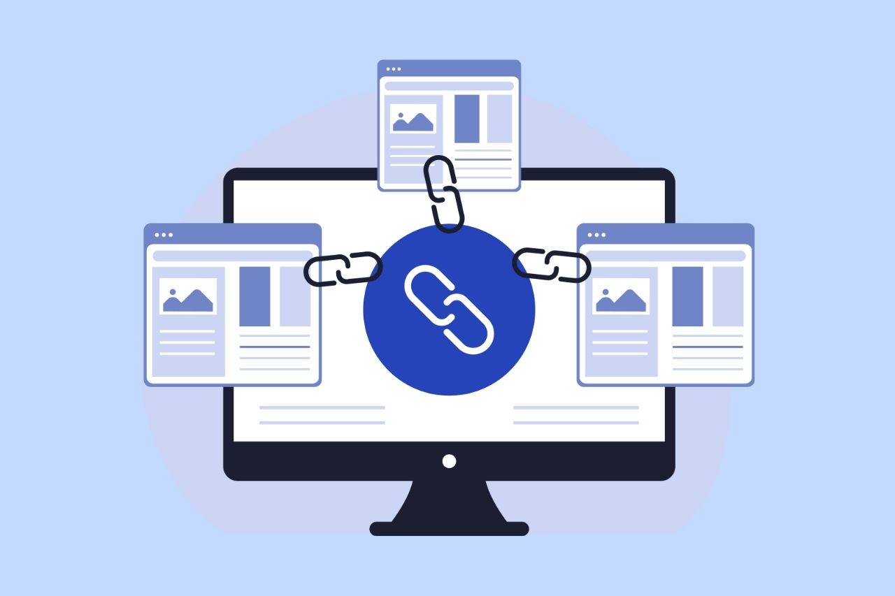 Illustration showing linked web pages connected by chain icons, representing accessible website links